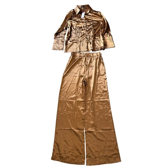 Micas Satin Button Up Long Sleeve Shirt And Pants Set Casual Elegant Coffee L - Picture 2 of 8